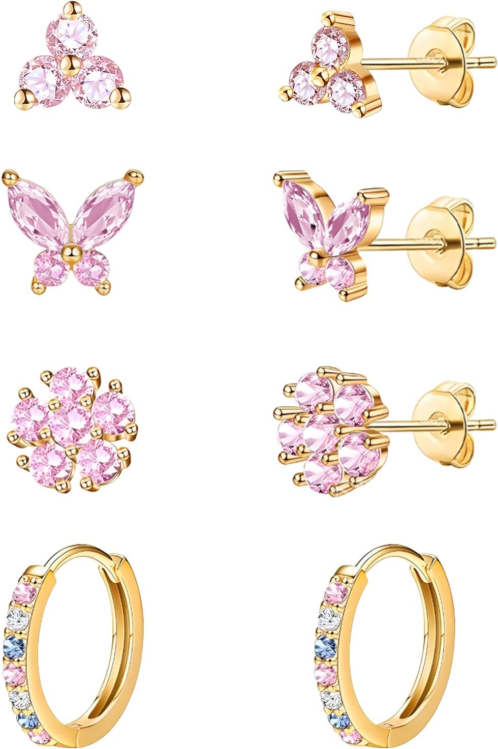 20G Gold Pink Studs Earrings for Women,14K Gold Plated Hypoallergenic Butterfly Earrings for Girls,4 Pairs Flower/Butterfly/Cubic Zirconia Cute Earring and Trendy Huggie Hoop Dainty Multipack Earring Sets