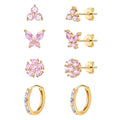 20G Gold Pink Studs Earrings for Women,14K Gold Plated Hypoallergenic Butterfly Earrings for Girls,4 Pairs Flower/Butterfly/Cubic Zirconia Cute Earring and Trendy Huggie Hoop Dainty Multipack Earring Sets