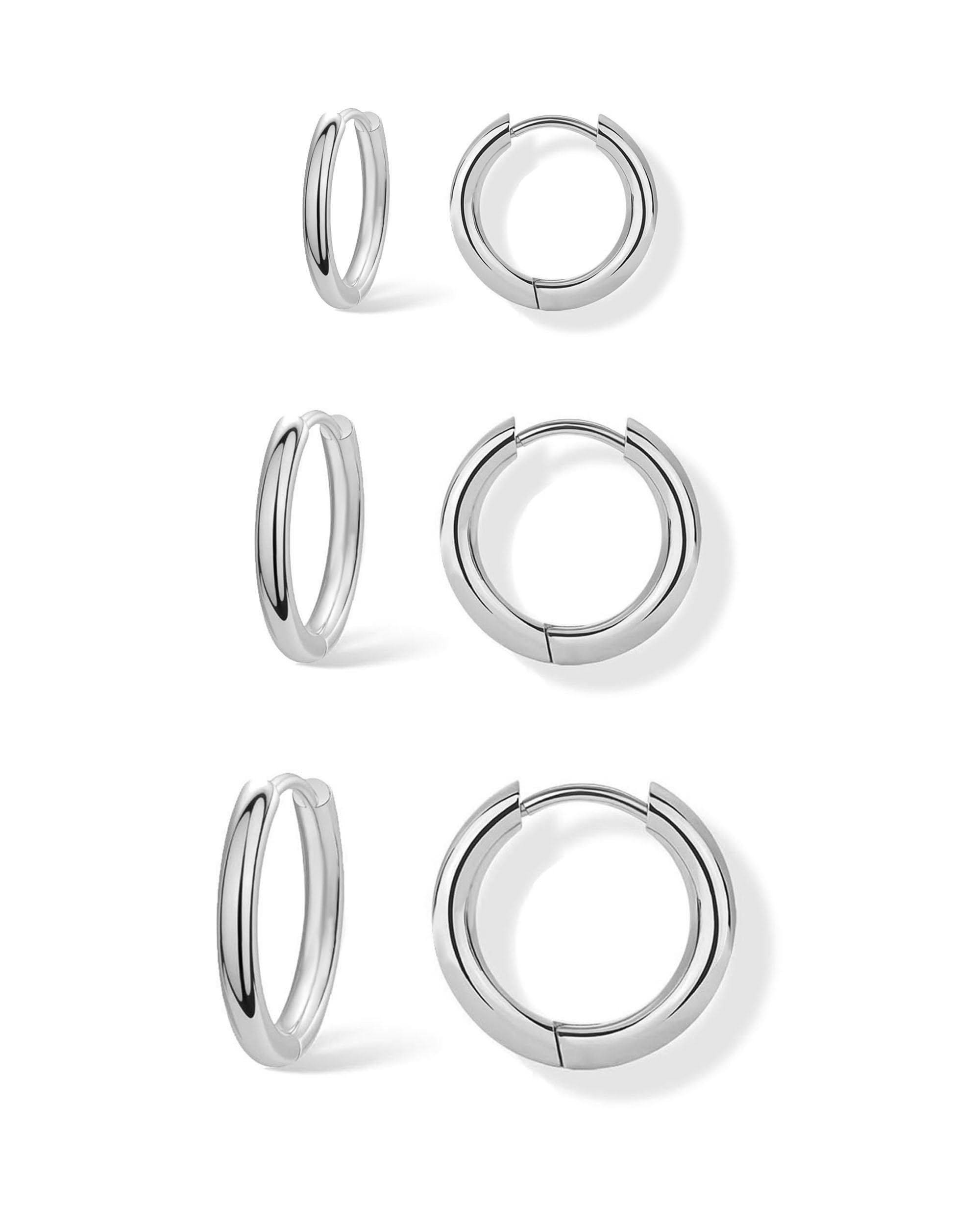 3 Pairs Gold Hoop Earrings Set for Women Trendy Chunky Small Huggie Jewelry | Hypoallergenic Silver Post Earrings for Sensitive Ears Non Tarnish, Stacks for Multiple Piercings, Gifts for Women