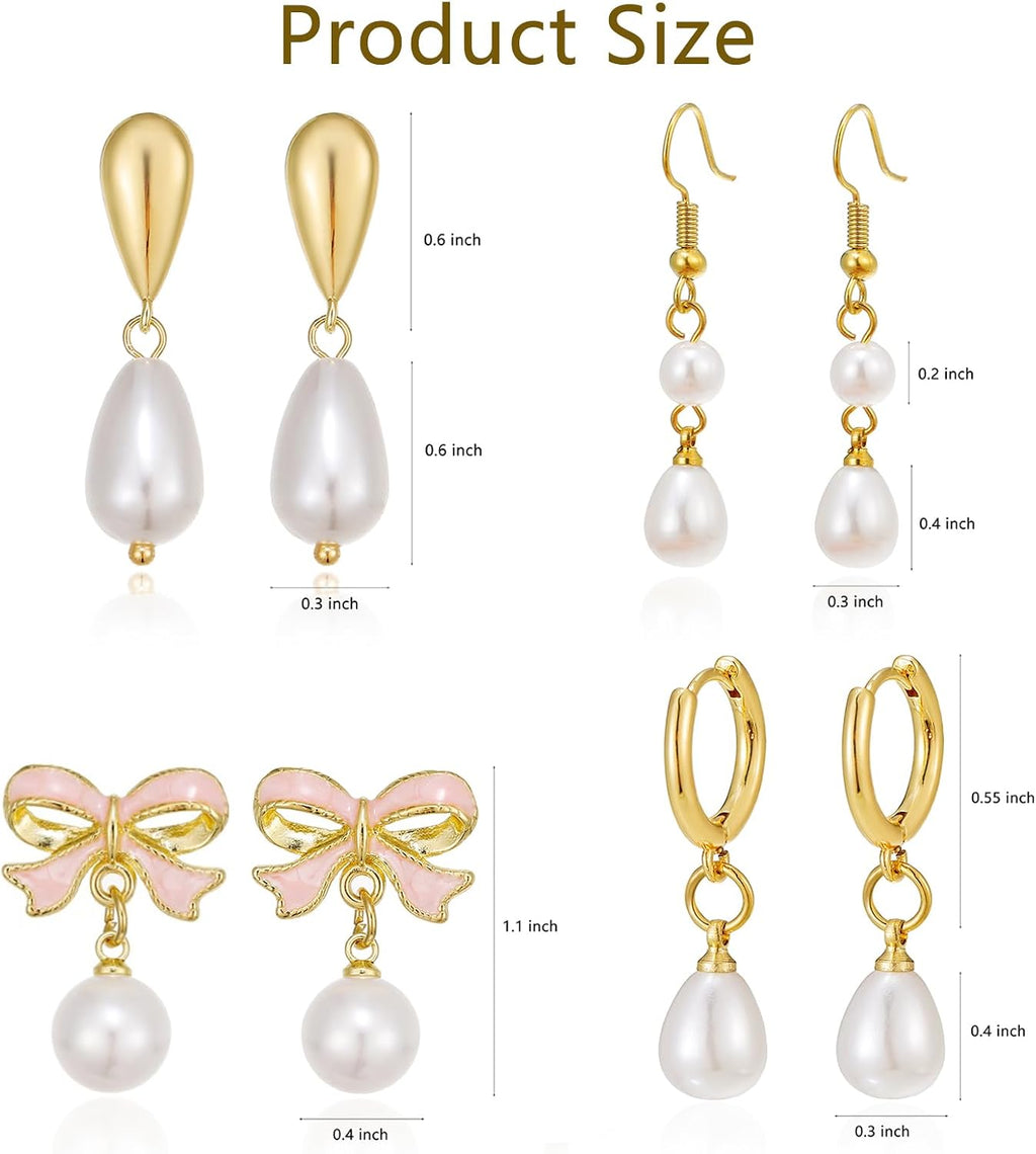 4 Pairs Dainty Pearl Earrings Set for Women | Hypoallergenic 14K Gold Plated White Pearl Ball Stud Dangle Hoop Earrings Pack for Sensitive Ears, Bridal Studs Jewelry