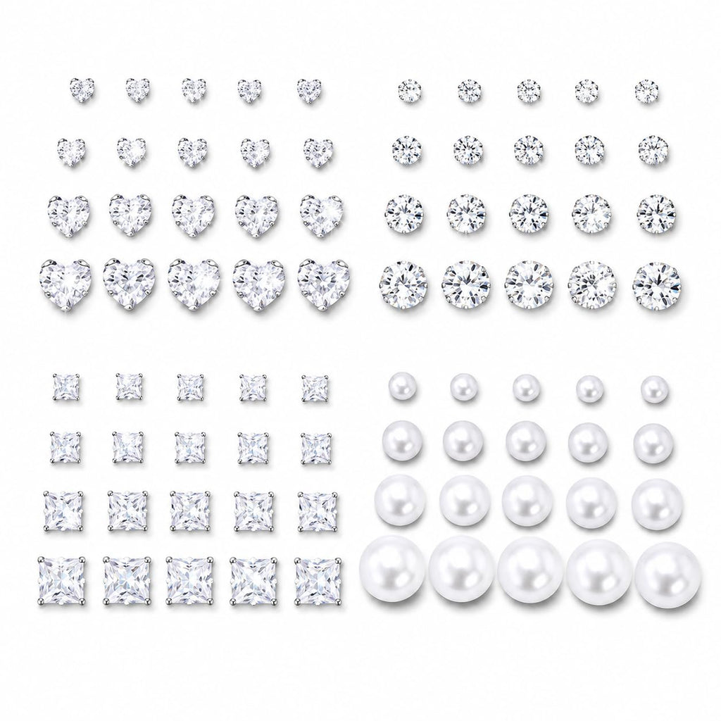 KISS WIFE 15 Pairs Silver Stud Earrings for Women, Cubic Zirconia Set | Multiple sizes and varied shapes with push-back closures, selected sets include faux pearl styles for everyday ear stacking.