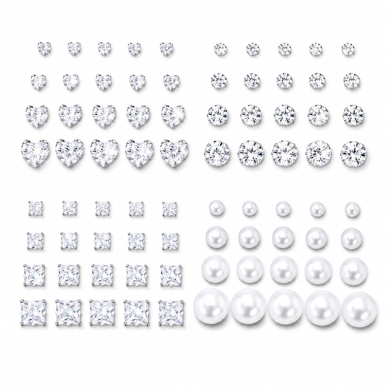 KISS WIFE 15 Pairs Silver Stud Earrings for Women, Cubic Zirconia Set | Multiple sizes and varied shapes with push-back closures, selected sets include faux pearl styles for everyday ear stacking.