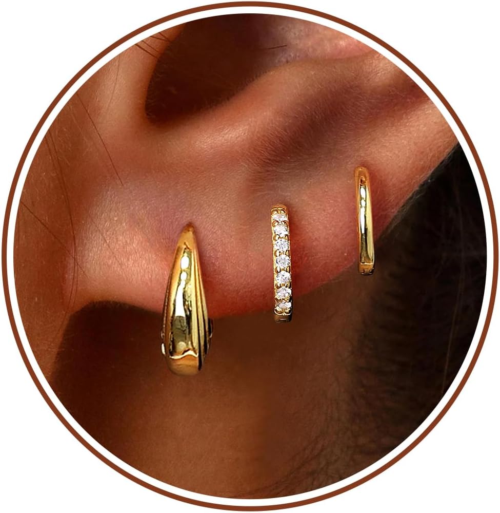 Small Sterling Silver Huggie Hoop Earrings Set for Women, Hypoallergenic 14K Gold Plated Hoops Stacks for Multiple Piercings, Dainty Cute Mini Lightweight Cartilage Studs Trendy Jewelry Gift