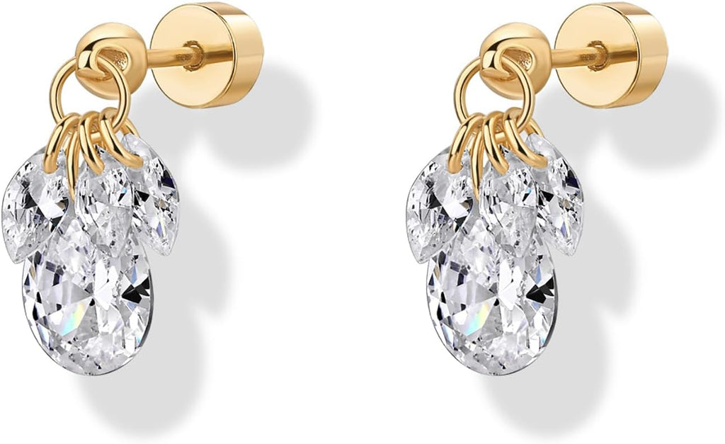 PAVOI 14K Gold Plated Dangle Flat Back Earrings for Women, CZ Stud Piercing | Hypoallergenic Earrings with 925 Sterling Silver Posts, Helix & Cartilage Screw Back Earrings with Cubic Zirconia