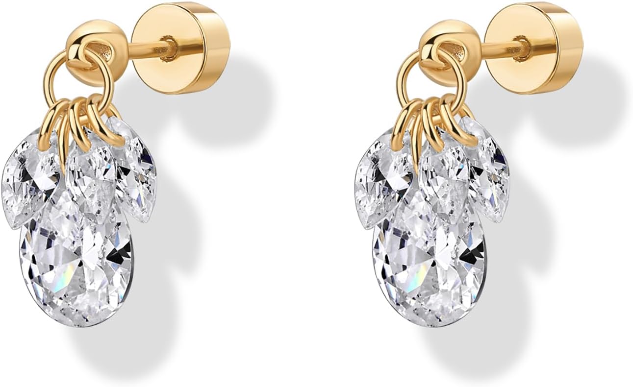 PAVOI 14K Gold Plated Dangle Flat Back Earrings for Women, CZ Stud Piercing | Hypoallergenic Earrings with 925 Sterling Silver Posts, Helix & Cartilage Screw Back Earrings with Cubic Zirconia