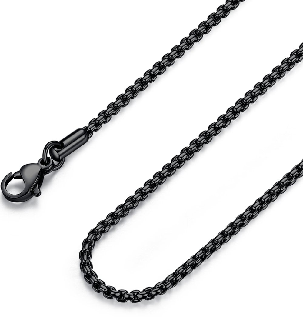 FOSIR Mens Womens Stainless Steel Black Rolo Cable Chain Necklace, Round Box Chains for Men, 2/3/4/5mm Width