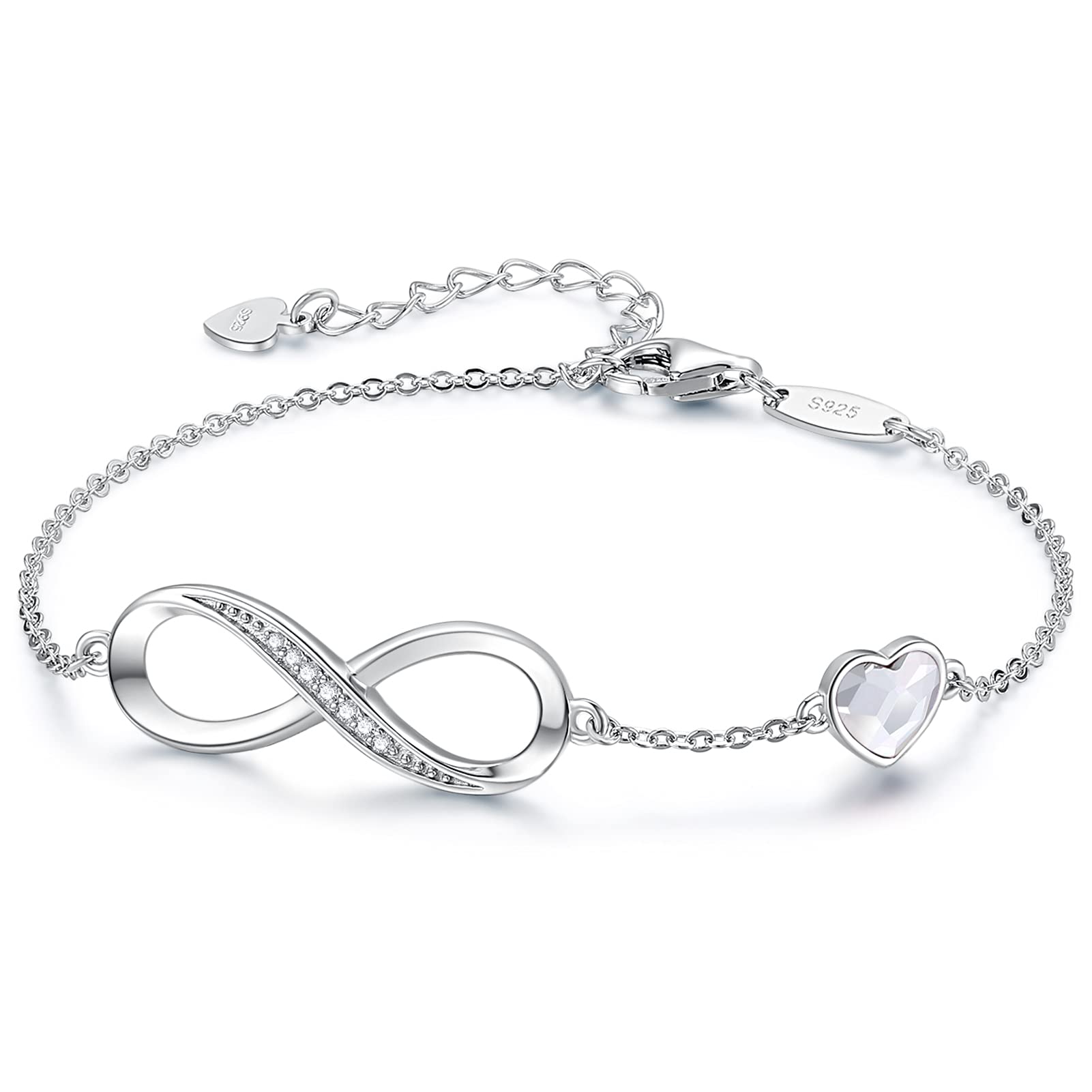 CDE 925 Sterling Silver Infinity Birthstone Bracelet Jewelry Gift for Women | Hypoallergenic,Non Tarnish,Heart CZ,Nickel-Free & Lead-Free,Anniversary Christmas Birthday Idea Gifts for Wife Girlfriend Her