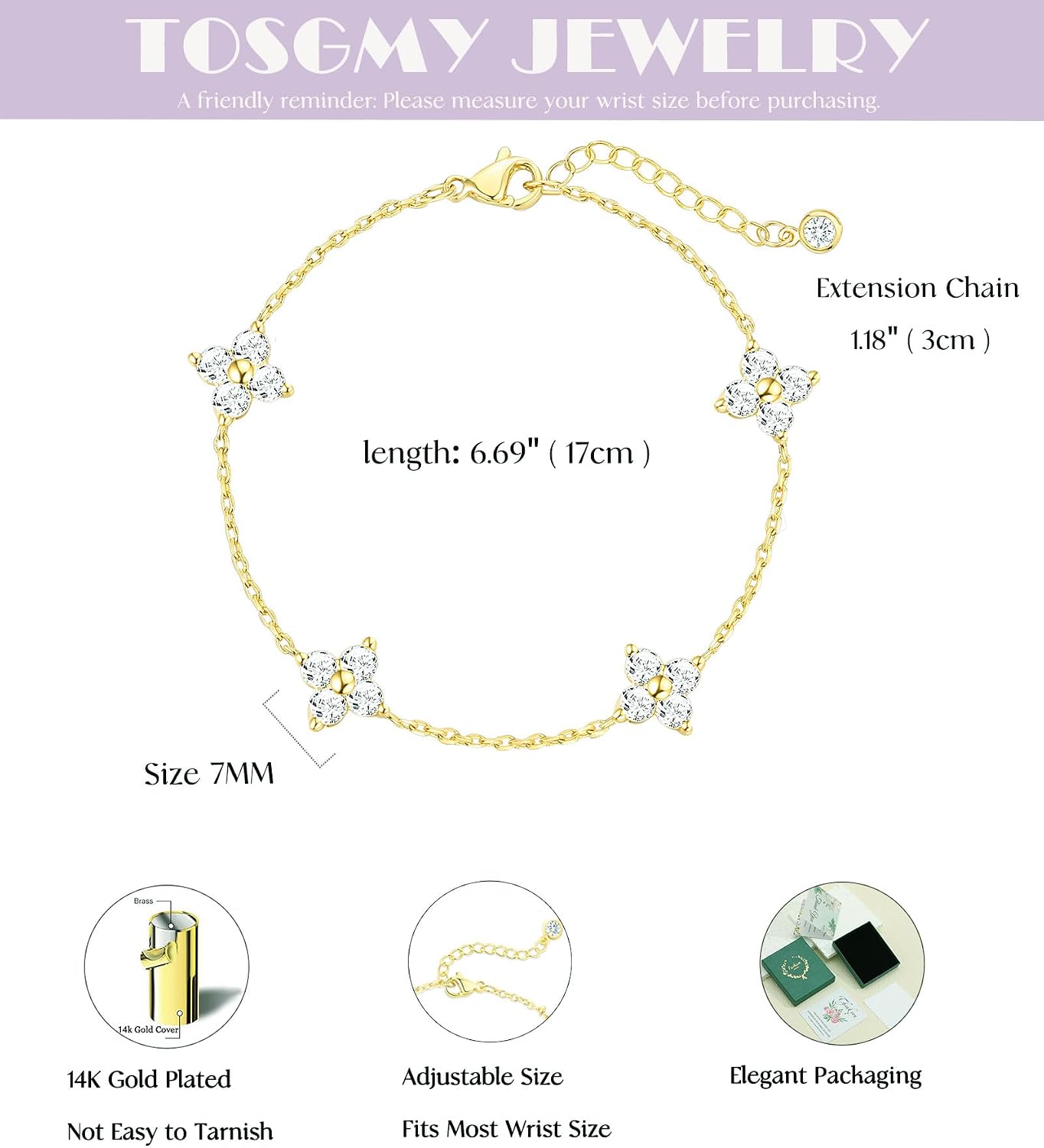 Dainty Silver Gold Bracelets for Women Trendy Non Tarnish 14K Gold Plated Cute Clover Bracelet Stackable Daisy Cubic Zirconia Diamond Charm Bracelet Stack Waterproof Jewelry Gifts