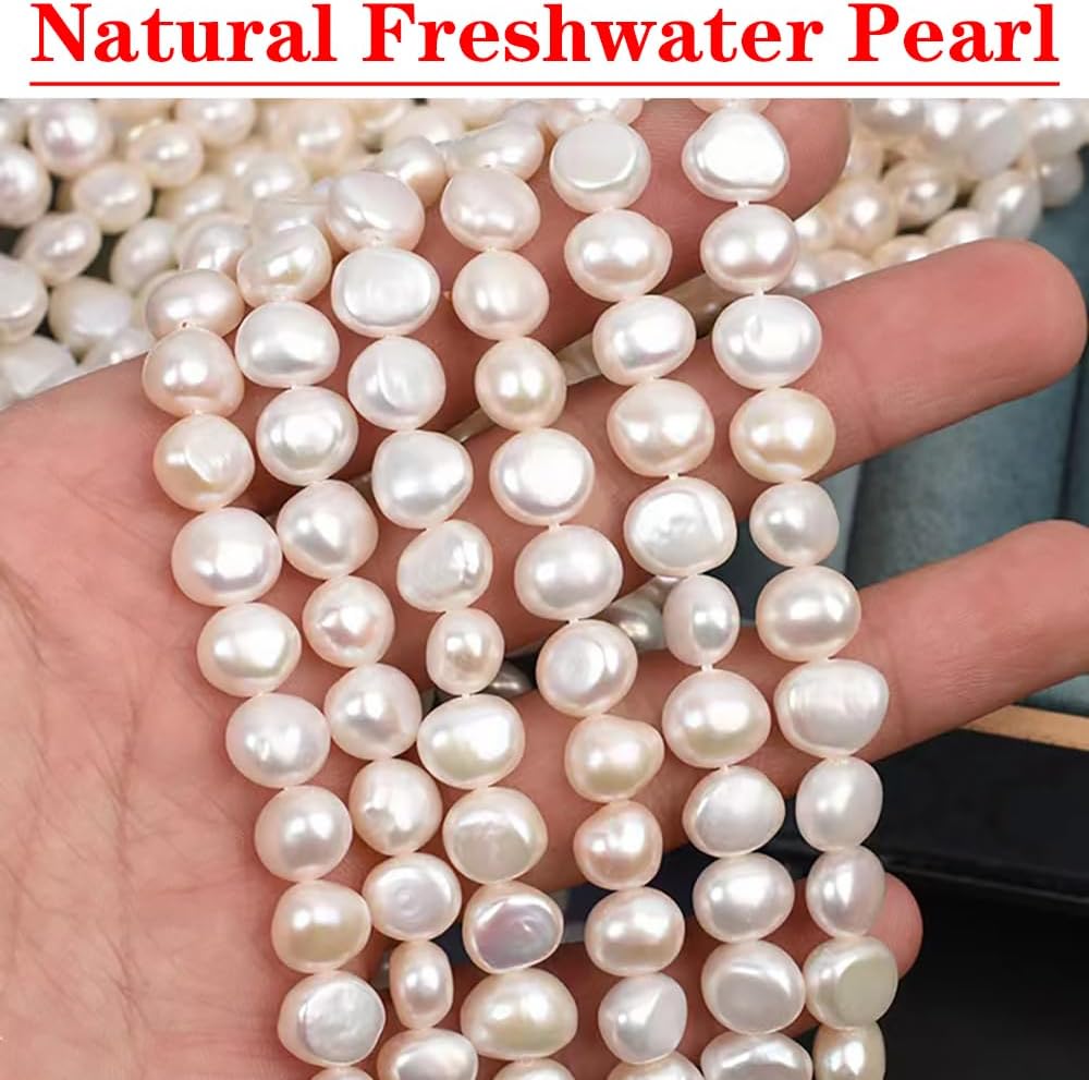 NUZON Natural Freshwater Baroque Pearl Choker Necklace for Women 16’’ | Cultured Pearl Strand Necklace, Various Size & Shape, White Pearl Beaded Necklace, Oval Rice Pearl Layering Summer Jewelry
