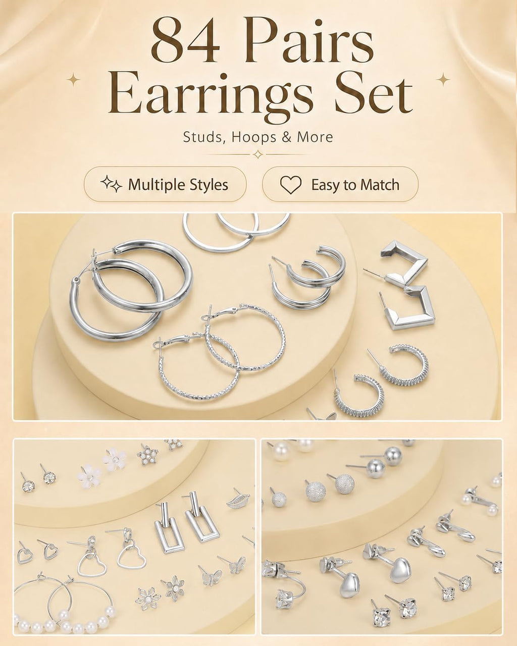 84 Pairs Gold Stud Earrings Set for Women Multipack, Fashion Pearl Cubic Zirconia Butterfly Earrings Packs Piercings, Hypoallergenic Stud Hoops Earrings for Gift