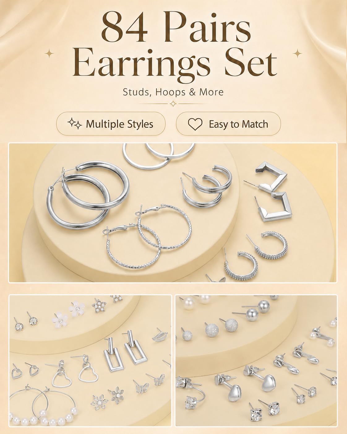 84 Pairs Gold Stud Earrings Set for Women Multipack, Fashion Pearl Cubic Zirconia Butterfly Earrings Packs Piercings, Hypoallergenic Stud Hoops Earrings for Gift