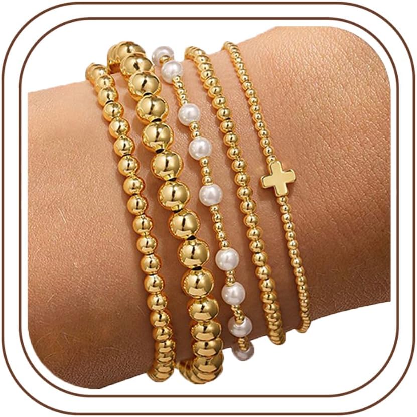 Yoosteel Gold Beaded Bracelets for Women Teen Girls, Gold Plated Jewelry | Gold Stackable Stretch Bracelets, Dainty Round Beaded Pearl Cross Bracelet Stack, Women Teenage Girls Birthday Gifts Jewelry