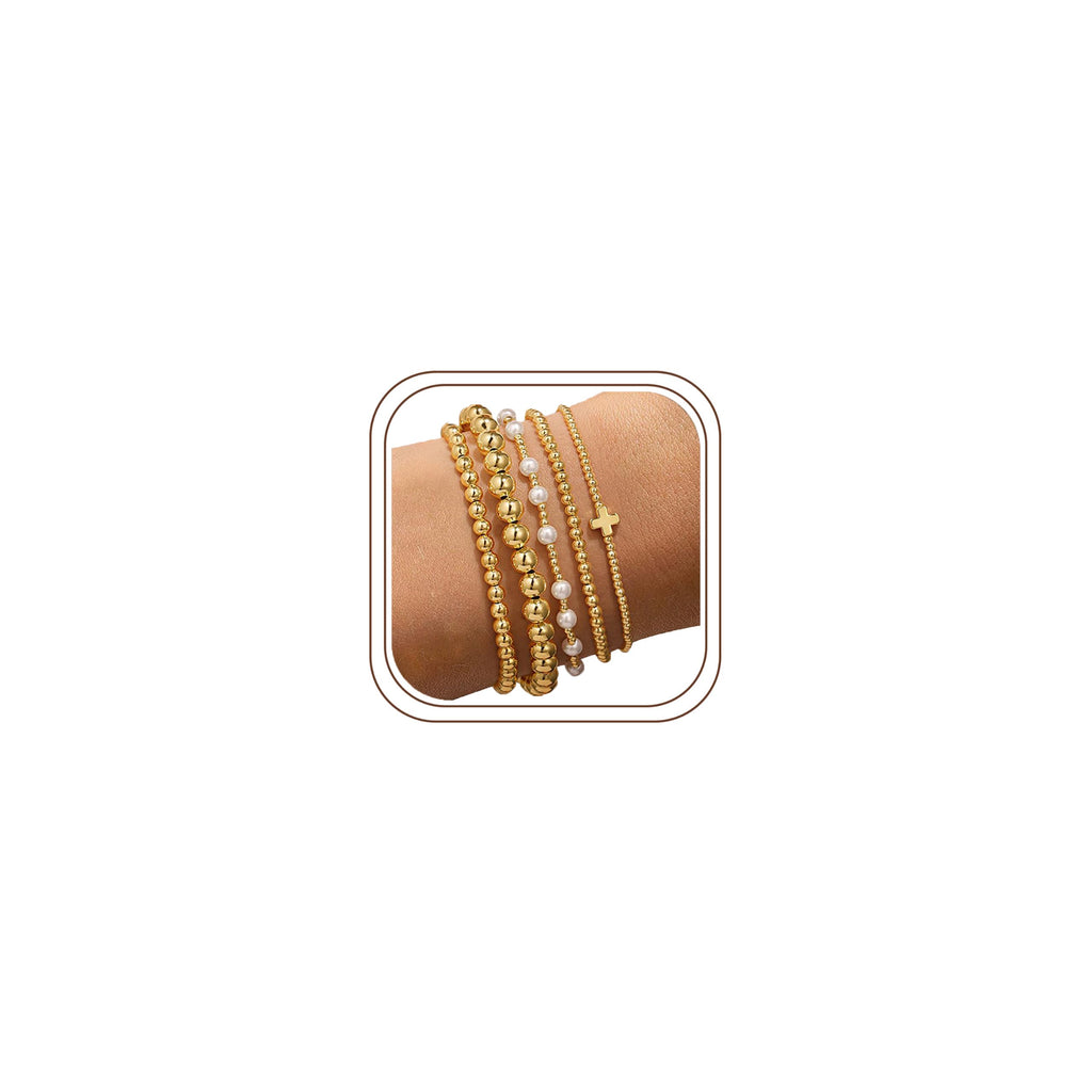 Yoosteel Gold Beaded Bracelets for Women Teen Girls, Gold Plated Jewelry | Gold Stackable Stretch Bracelets, Dainty Round Beaded Pearl Cross Bracelet Stack, Women Teenage Girls Birthday Gifts Jewelry