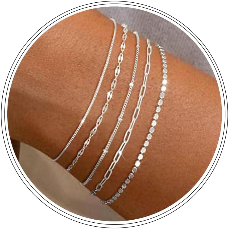 MBW Sterling Silver Simple Thin Bracelets for Women Trendy | Dainty S925 Silver Bracelets for Women Chain Bracelet Stack Set Waterproof Jewelry Minimalist Small Bracelet for Women Gift