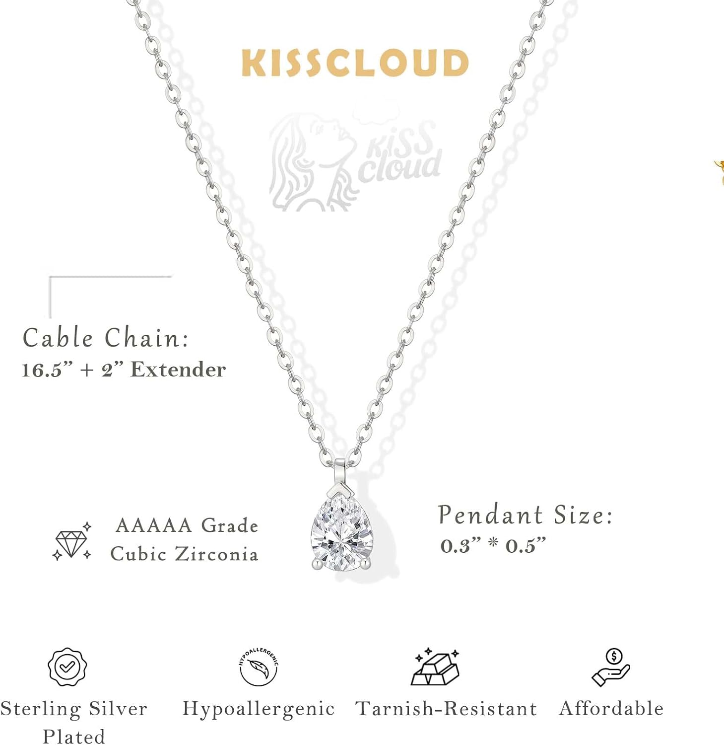 Gold Silver Necklace for Women, Dainty Cubic Zirconia Pendant | Teardrop CZ Charm, 14K Gold/Sterling Silver Plated, Adjustable Chain, Hypoallergenic & Waterproof Jewelry, Cute Trendy Gift