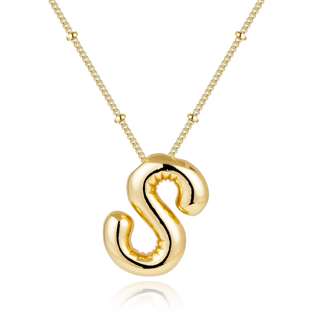 Inerney Gold Bubble Letter Necklace Initial Necklaces for Women, Chunky 14K Plated Balloon Initials, Trendy Charm Non Tarnish Custom Name Pendant Jewelry Gifts for Mom