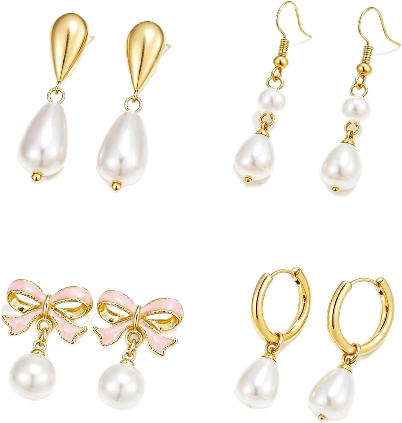 4 Pairs Dainty Pearl Earrings Set for Women | Hypoallergenic 14K Gold Plated White Pearl Ball Stud Dangle Hoop Earrings Pack for Sensitive Ears, Bridal Studs Jewelry