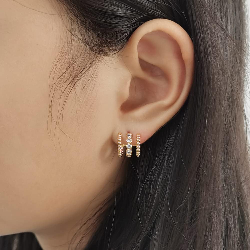 14K Gold Plated Illusion Stud Earrings for Women | Triple Huggie Hoop Earrings for One Hole| Trendy Simple Hypoallergenic Fashion Accessories Gold Jewelry Gifts for Womens