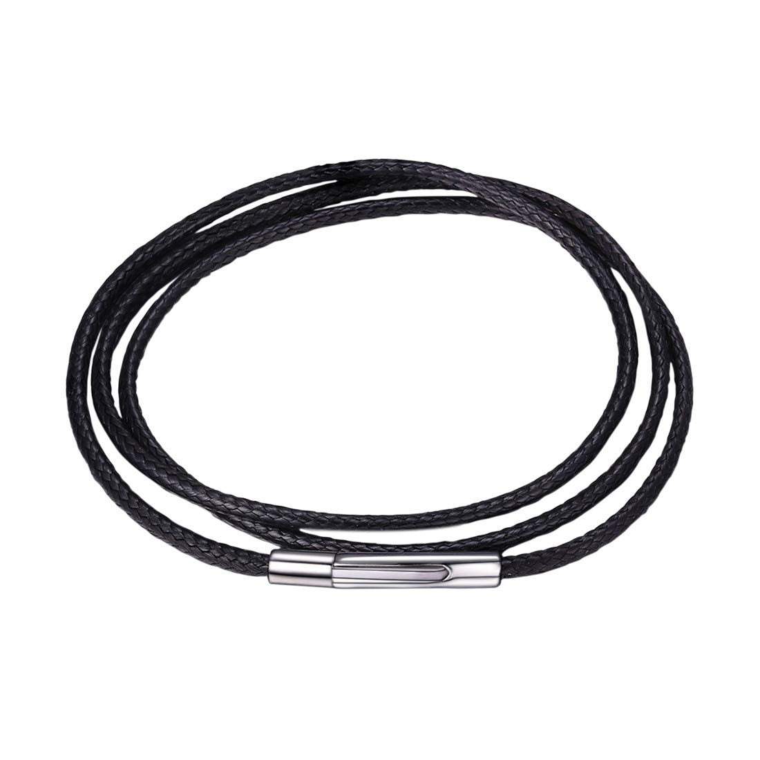 U7 Leather Necklace Cord for Men Black Wax Rope Chain for Pendant | Waterproof Woven Wax Cord Necklace With Stainless Steel Clasp, 1.5/2/3mm, 16-30", Lightweight Comfortable for Everyday Wear