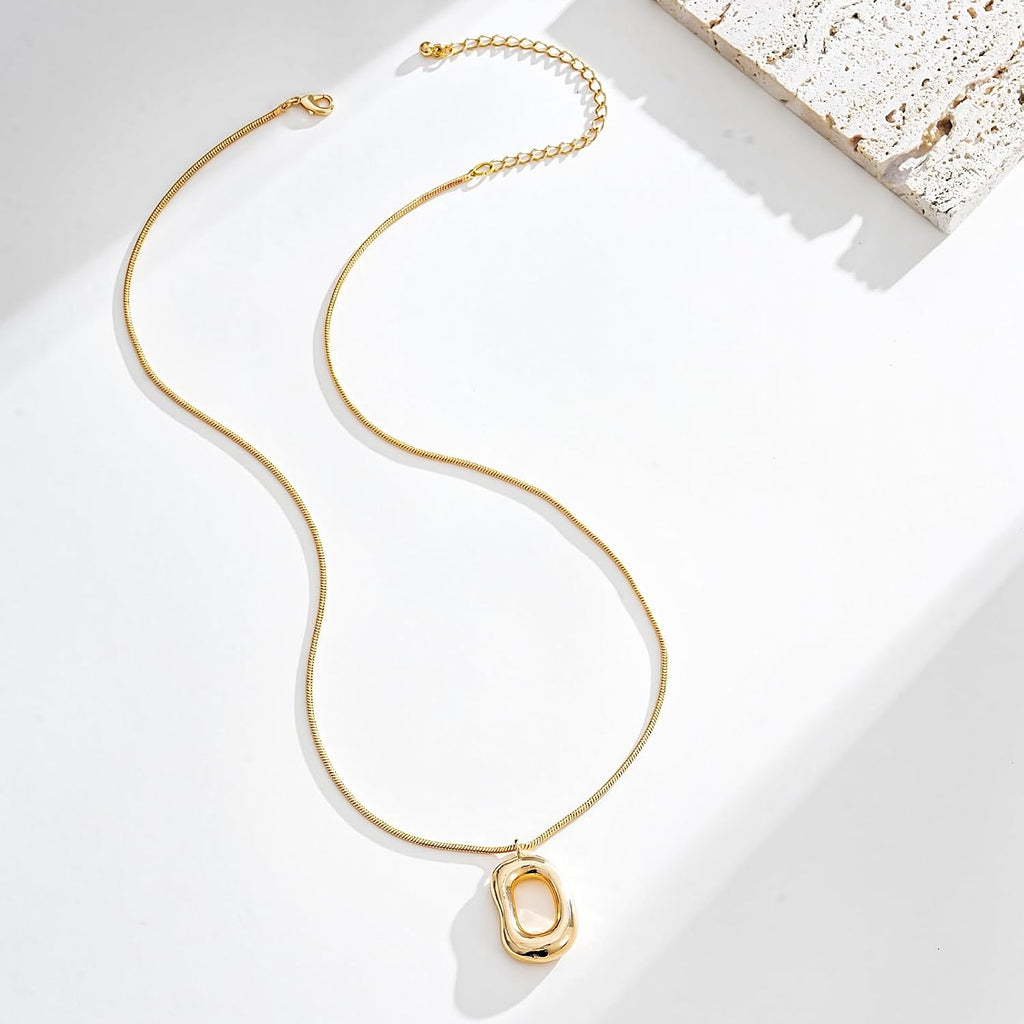 Gold Tone Irregular Oval Pendant Necklace for Women, Minimalist Chunky Snake Chain Necklace, Dainty 14K Gold Plated Statement Long Necklace