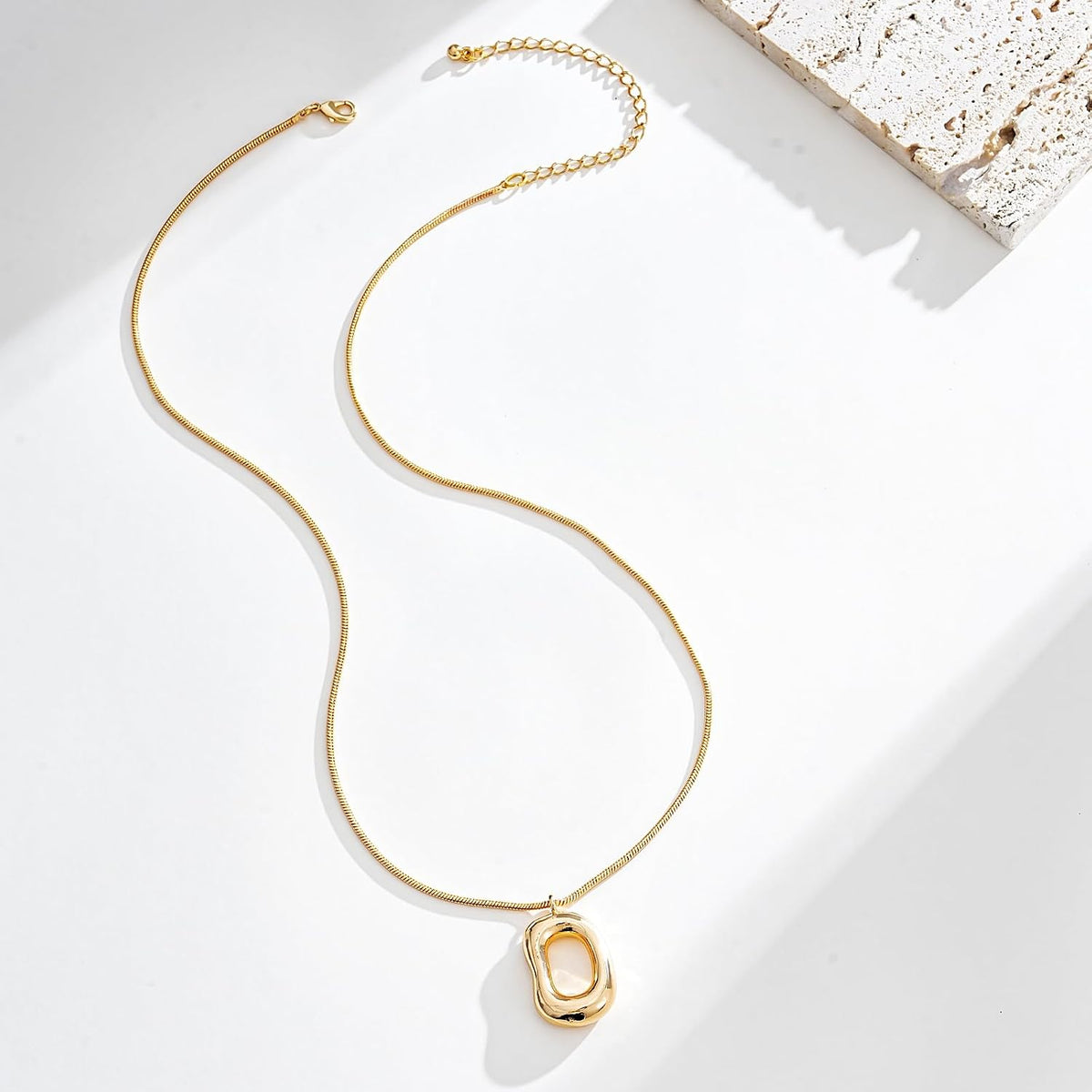 Gold Tone Irregular Oval Pendant Necklace for Women, Minimalist Chunky Snake Chain Necklace, Dainty 14K Gold Plated Statement Long Necklace