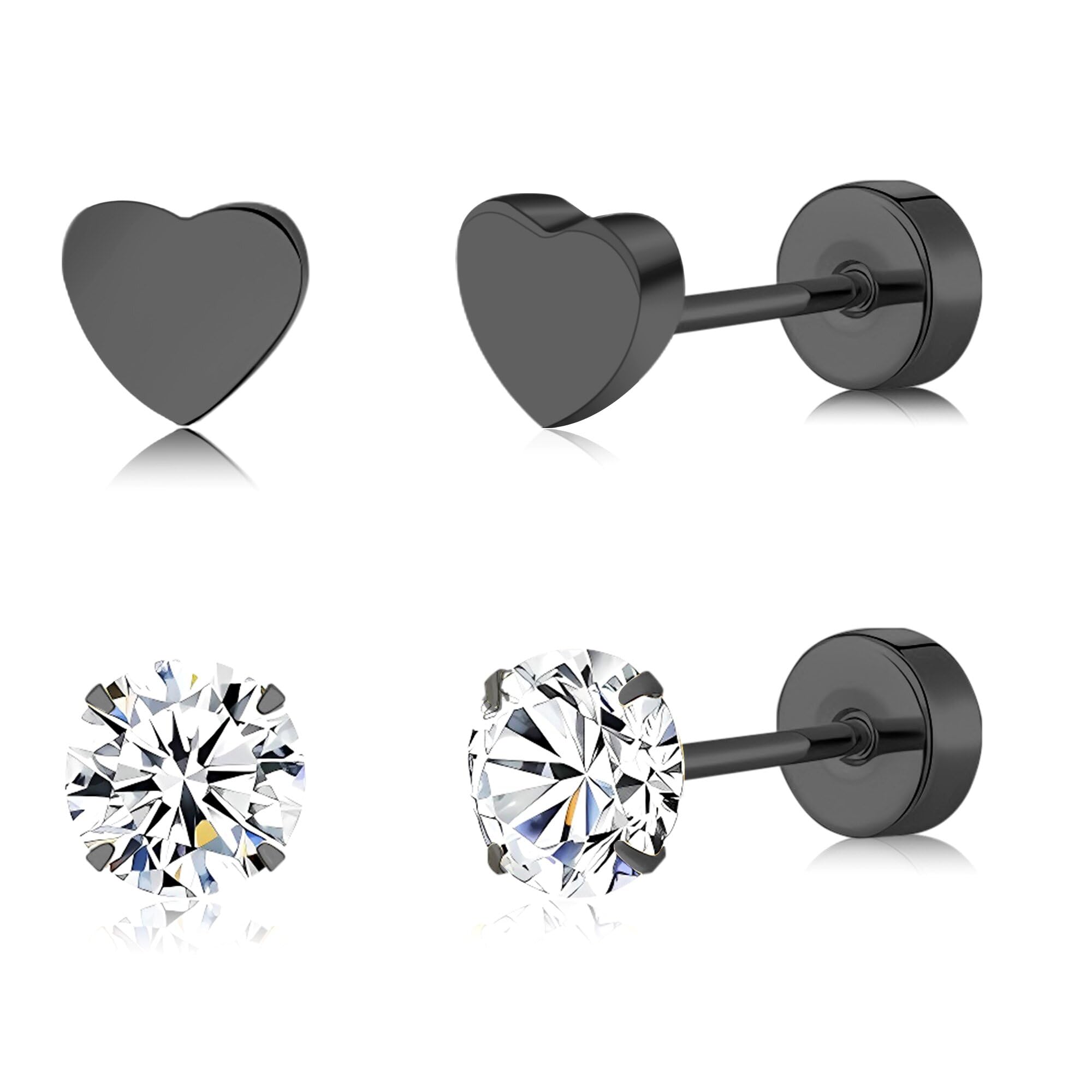 2 Pairs Flat Back Earrings Women, Titanium Star and Moon Earrings, Heart & CZ Flatback Stud, Butterfly & Lightning Screw Back, Crosses and Triangles Stud, Gold/Pink/Silver/Black Options