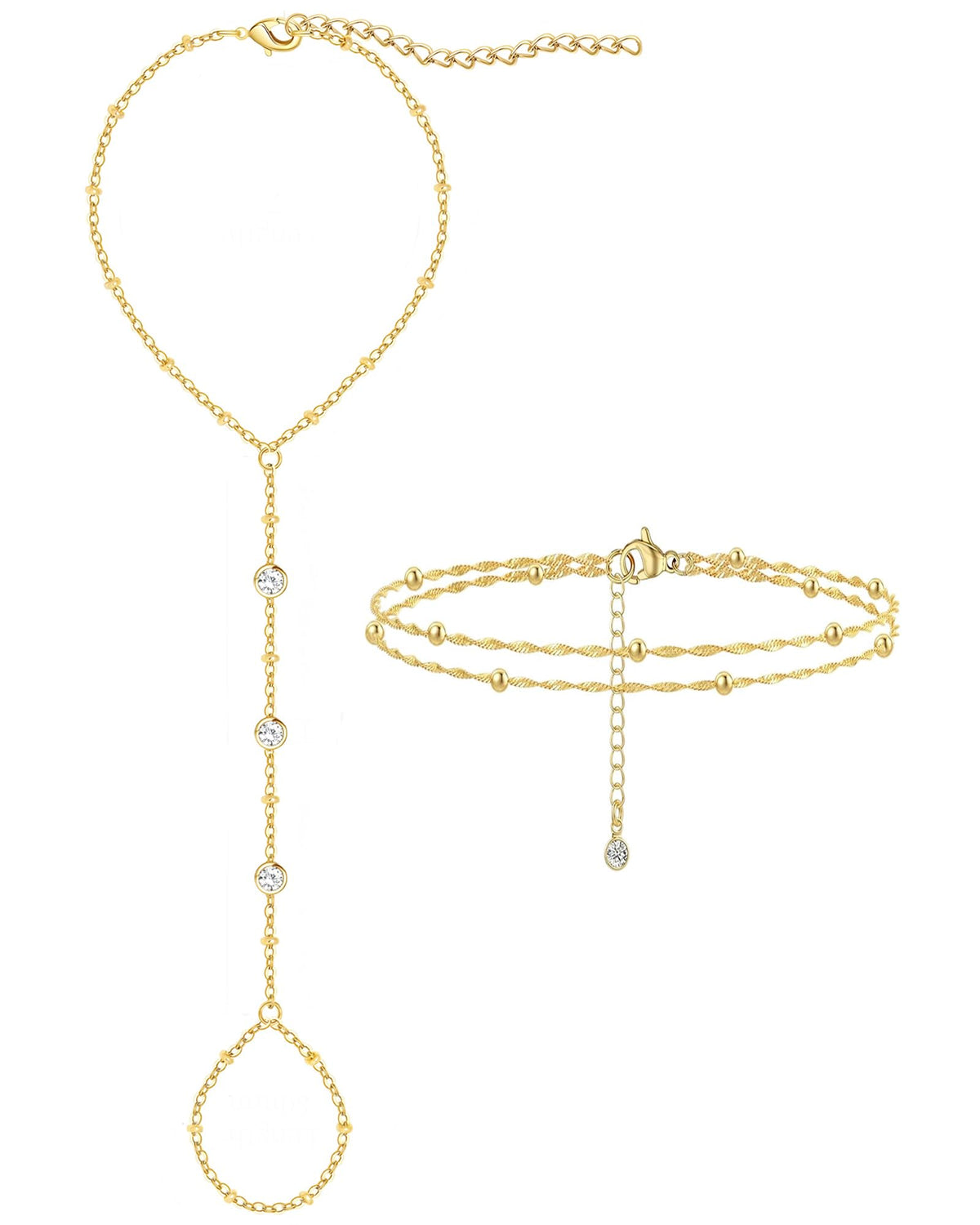 3PCS 14K Gold-Plated Hand Chain Bracelets for Women, Stack Bracelets Set Adjustable, Trendy Dainty Ring Bracelet Hand Chain