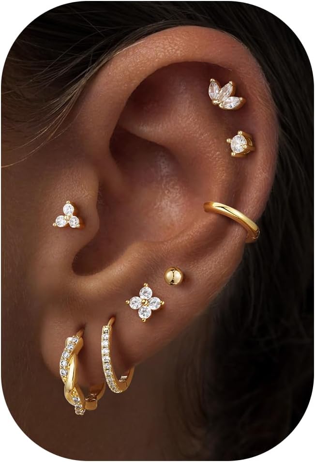 8 Pairs Hypoallergenic Gold Hoop Earrings for Women Trendy | Dainty 14K Gold Plated Huggie Hoop Stud Earrings for Women, Flat Back Earrings Set for Multiple Piercing