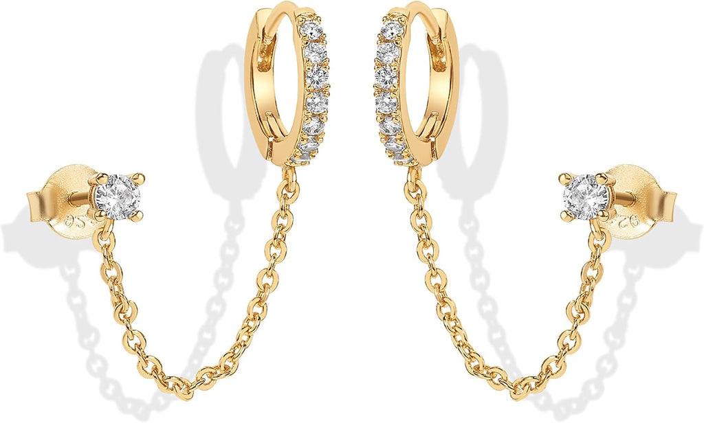 PAVOI 14K Gold Chain Earrings for Women | Double Piercing Dangle Chain Huggie Hoop Earrings | Cubic Zirconia Pearl Stud Ear Earrings for Women | Dangle Earrings for Women, Earring Stack, Ear Cuff Earrings, Cubic Zirconia Pearl Stud