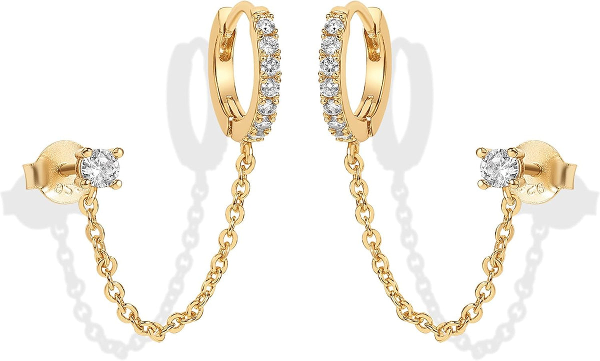 PAVOI 14K Gold Chain Earrings for Women | Double Piercing Dangle Chain Huggie Hoop Earrings | Cubic Zirconia Pearl Stud Ear Earrings for Women | Dangle Earrings for Women, Earring Stack, Ear Cuff Earrings, Cubic Zirconia Pearl Stud