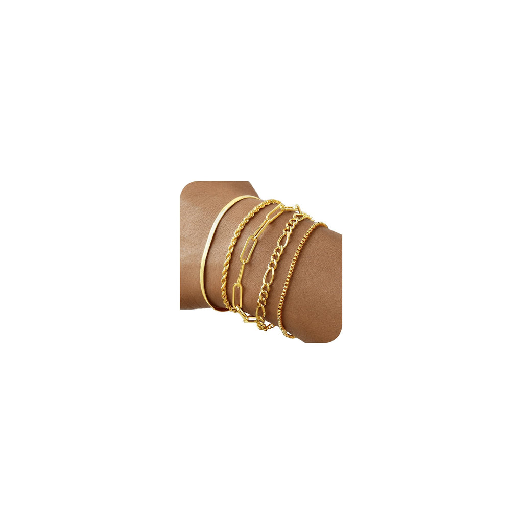 Gold Bracelets for Women, 14K Gold Plated Stackable Bracelet Stack Set Adjustable Charm Paperclip Chain Snake Link Layered Waterproof Jewelry Sets Gifts
