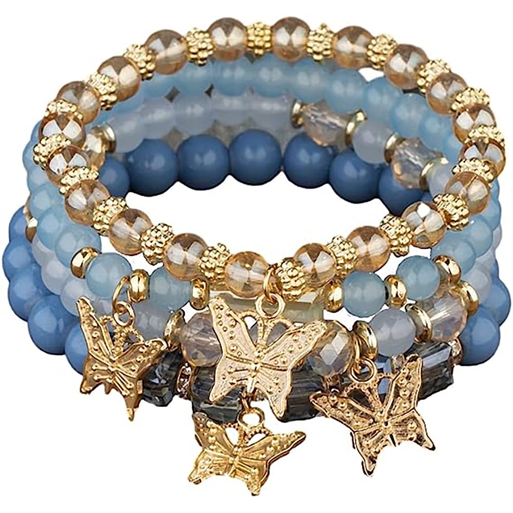 4 Pcs Cute Butterfly Charm Bracelets Set Gold Beaded Stackable Stretch Bracelets Bohemian Summer Jewelry Gifts for Women
