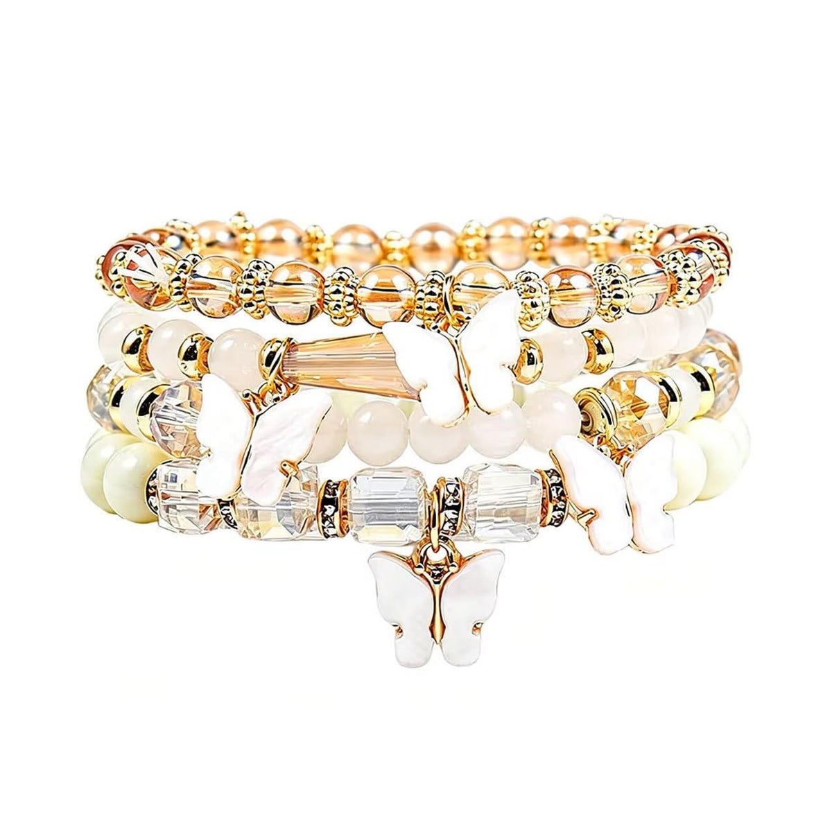 4 Pcs Cute Butterfly Charm Bracelets Set Gold Beaded Stackable Stretch Bracelets Bohemian Summer Jewelry Gifts for Women