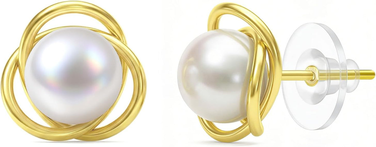Genuine Freshwater Pearl Earrings for Women 14K Gold Plated | Lucky Four-leaf Clover/Irish Celtic Knot Design, Cultured Freshwater Pearls, Hypoallergenic Silver, Elegant Gift for Women