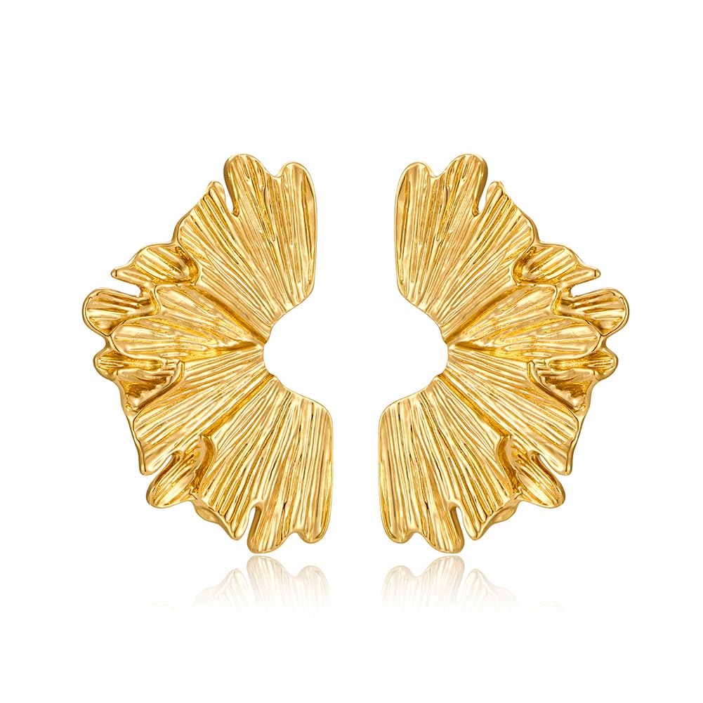 Chunky Gold Statement Earrings For Women Gold Plated Sectored Flower Leaf Shell Angel Wing Earrings Trendy Boho Jewelry For Women Large Stud Earrings Hypoallergenic Earrings Gold Jewelry Gift