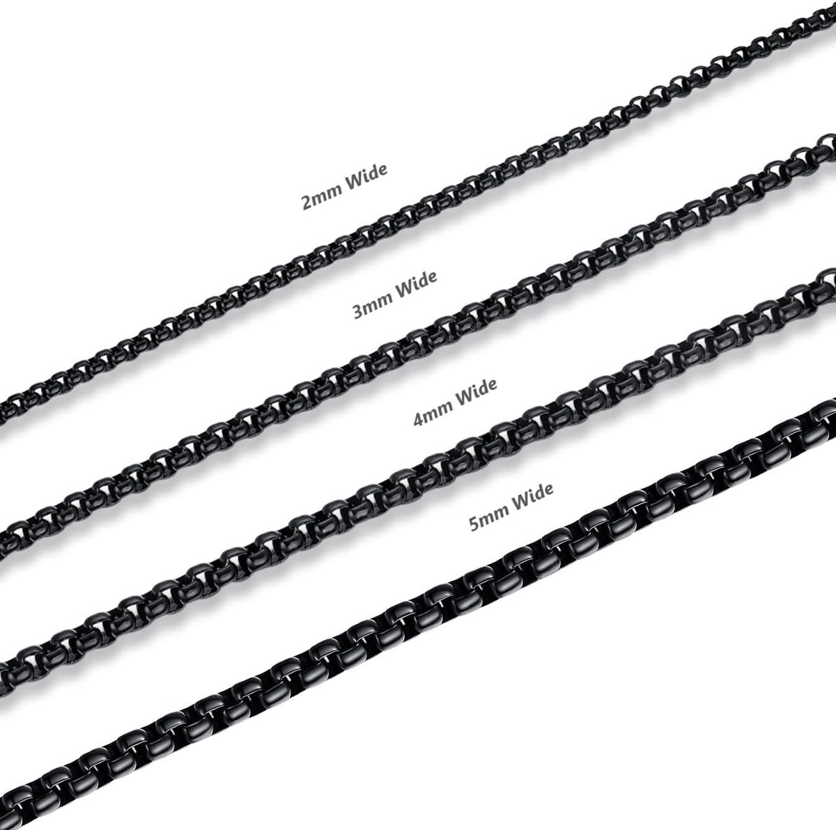 FOSIR Mens Womens Stainless Steel Black Rolo Cable Chain Necklace, Round Box Chains for Men, 2/3/4/5mm Width