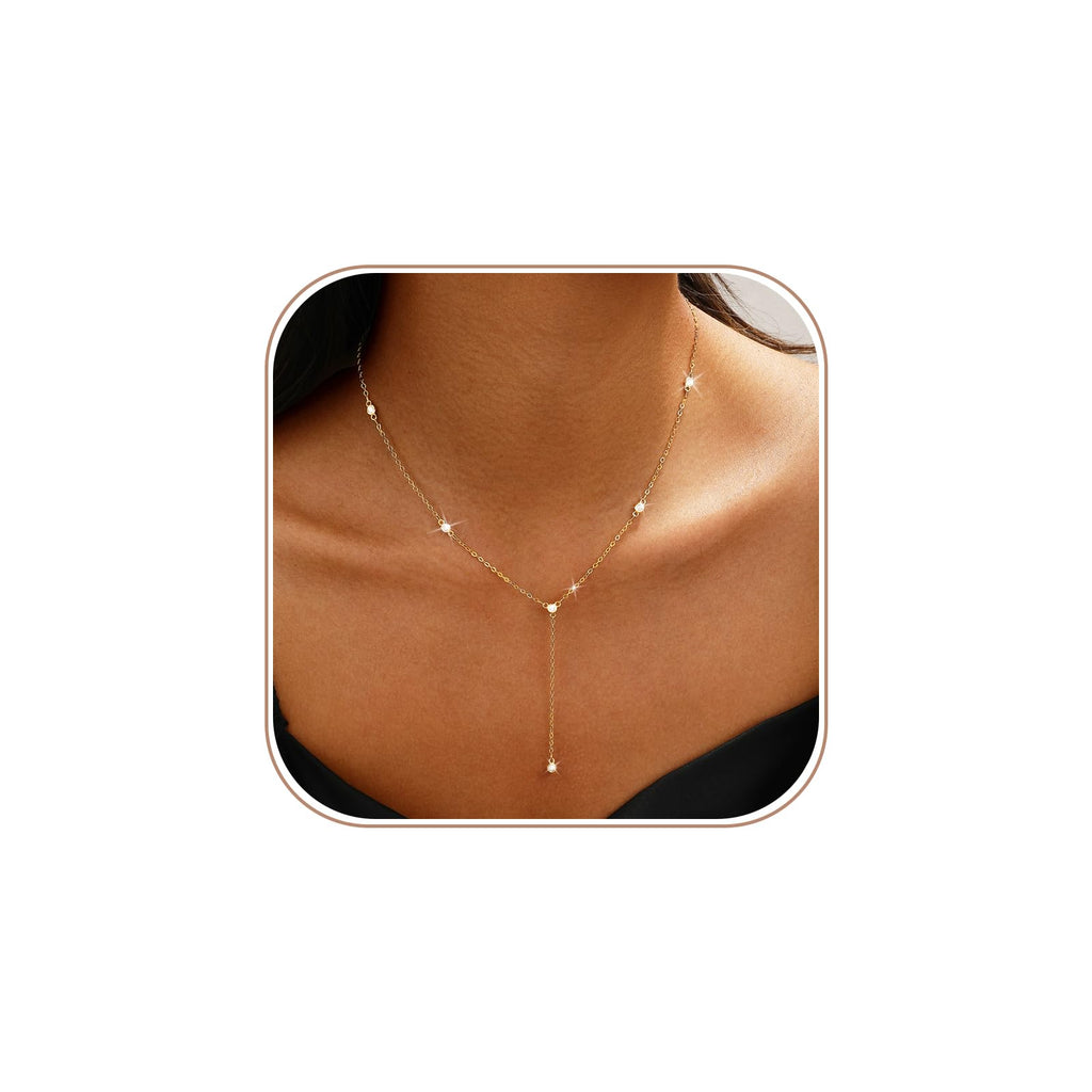 Gold/Silver Necklace for Women 14K Gold/Silver Plated Long CZ Necklaces Layered Lariat Chain Beach Choker Trendy Stuff Simple Cute Accessories Gifts Prom Formal Jewelry