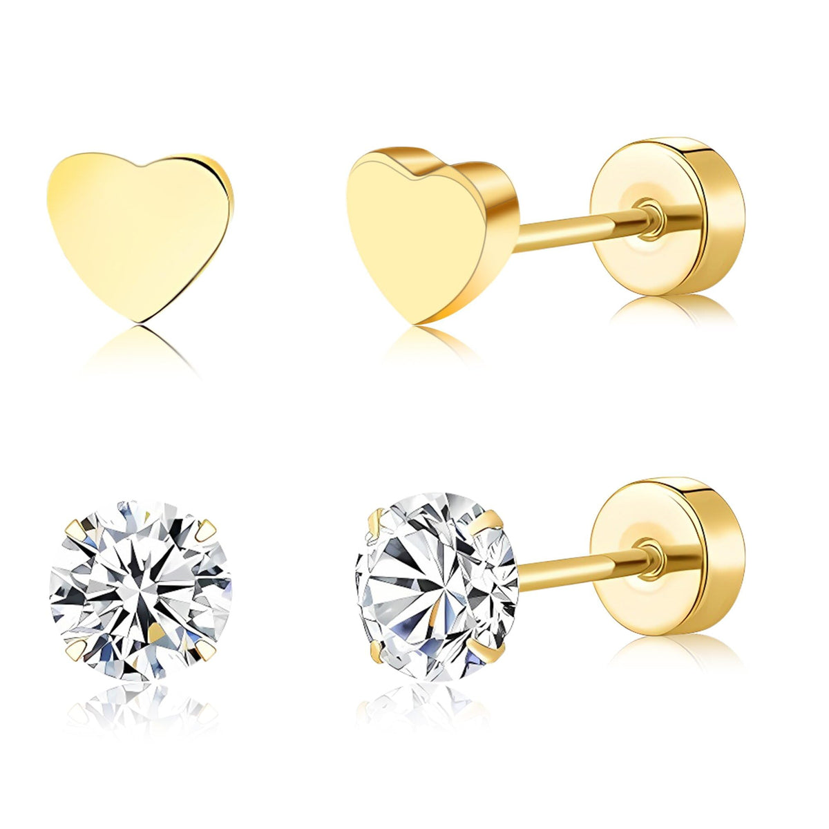 2 Pairs Flat Back Earrings Women, Titanium Star and Moon Earrings, Heart & CZ Flatback Stud, Butterfly & Lightning Screw Back, Crosses and Triangles Stud, Gold/Pink/Silver/Black Options