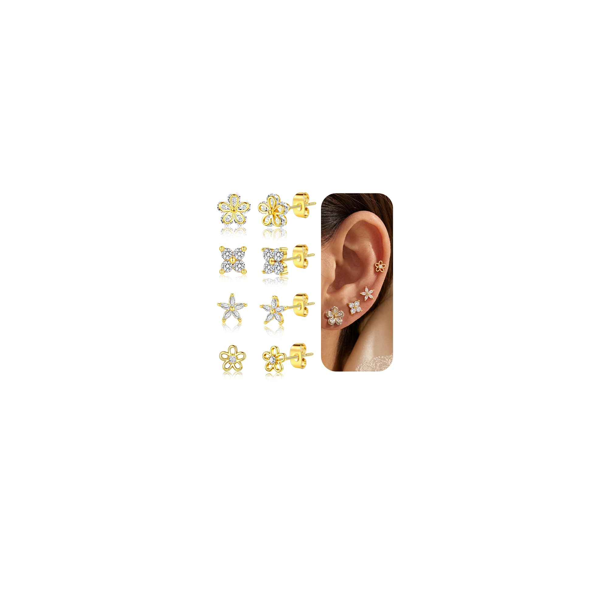 5 Pairs 14K Gold Plated Stud Earrings for Women, CZ Multiple Piercing Set | Hypoallergenic CZ Stud Earrings Set, 3-7mm Cubic Zirconia, Lightweight Comfortable Studs, Non Tarnish Jewelry, Gift for Women