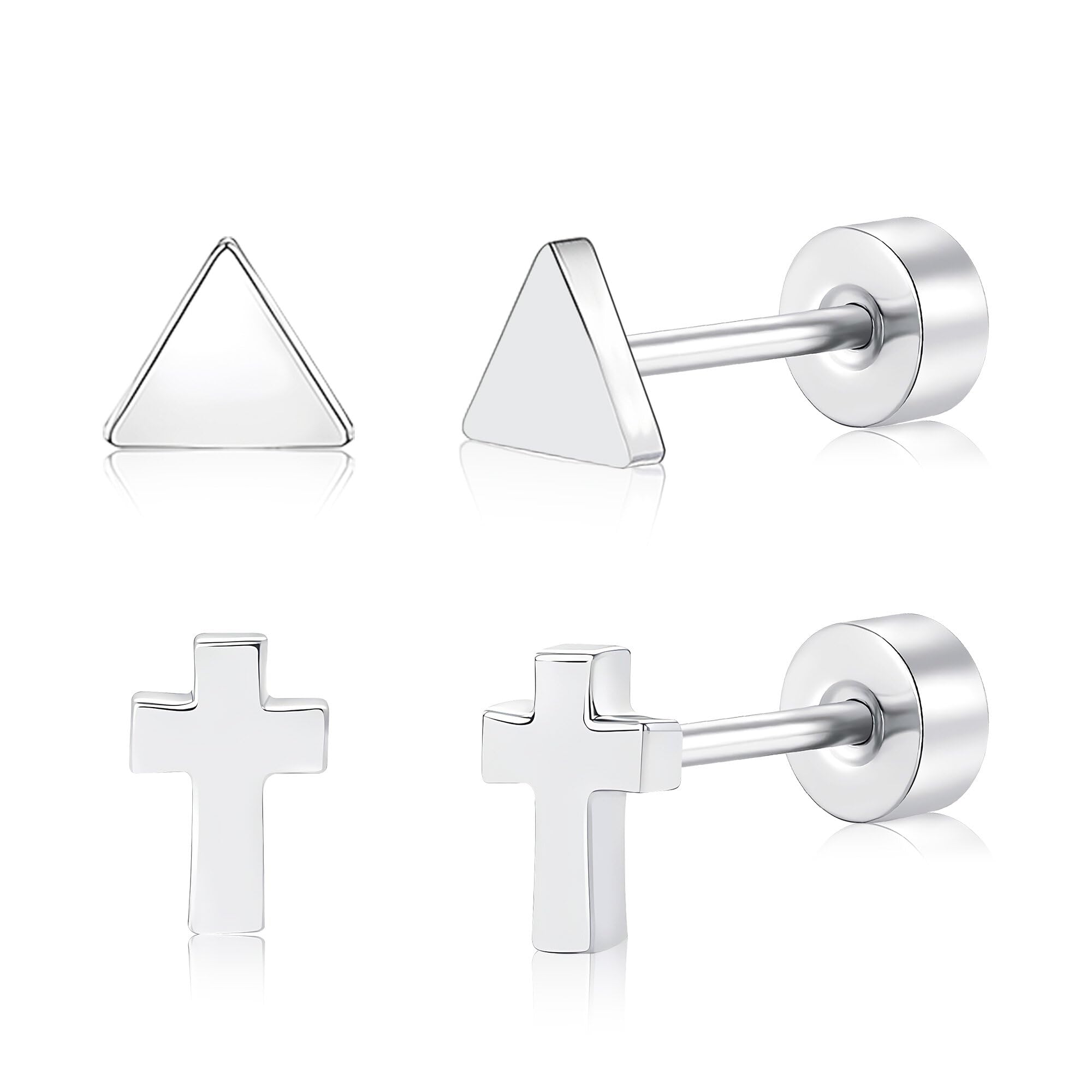 2 Pairs Flat Back Earrings Women, Titanium Star and Moon Earrings, Heart & CZ Flatback Stud, Butterfly & Lightning Screw Back, Crosses and Triangles Stud, Gold/Pink/Silver/Black Options