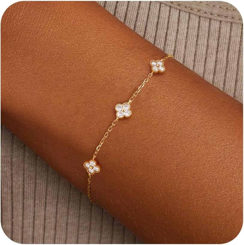 Birthstone Gold Clover Bracelet for women Dainty Cute bracelets | 14K Gold Plated,Friendship Stackable Bracelets for Women No Tarnish,Trendy Charm Best Friend Bracelet Stack,Birthday Jewelry