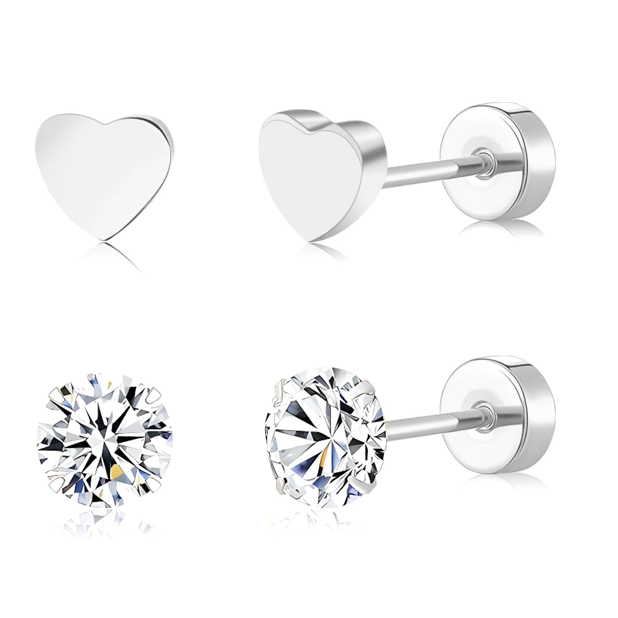 2 Pairs Flat Back Earrings Women, Titanium Star and Moon Earrings, Heart & CZ Flatback Stud, Butterfly & Lightning Screw Back, Crosses and Triangles Stud, Gold/Pink/Silver/Black Options