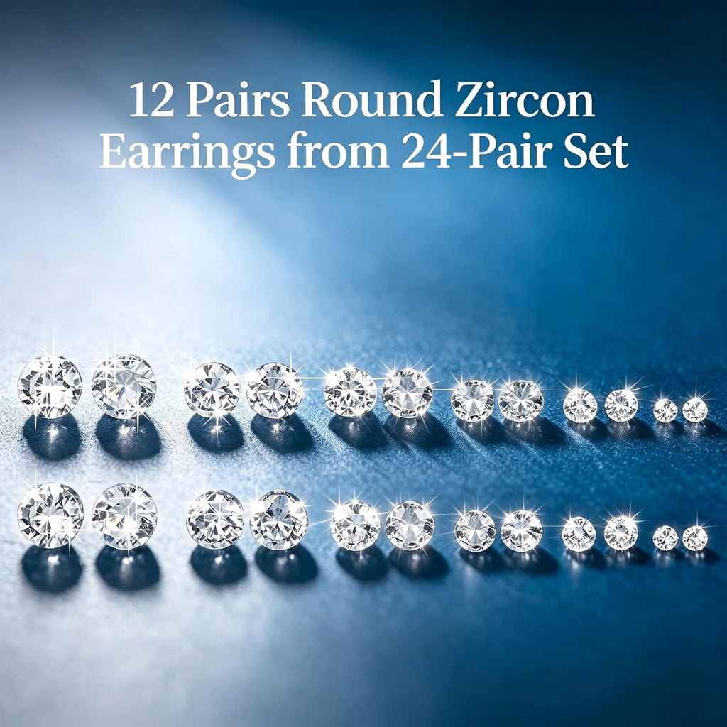 24 Pairs Cubic Zirconia Silver Stud Earrings Set for Women Men | Hypoallergenic, Flat Back Surgical Stainless Steel, Round & Square CZ Studs, Cartilage Earrings for Piercing Sensitive Ears