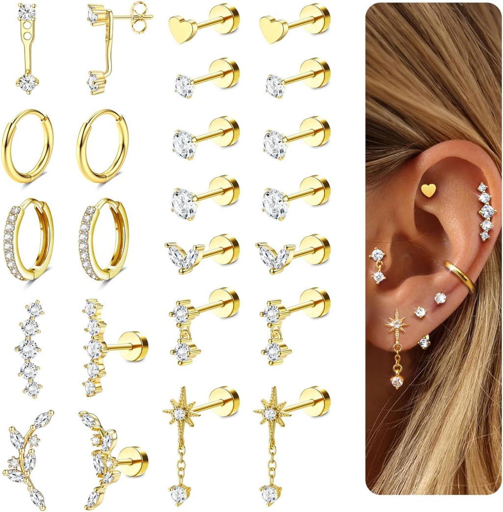 LOLIAS Hypoallergenic Flat Back Earrings-Cartilage Earring Stacks-Surgical Steel Earrings for Sensitive Ears - Small Stainless Steel Flatback Stud Hoop Earring Sets for Helix Tragus Conch Daith Multiple Piercing Jewelry Trendy