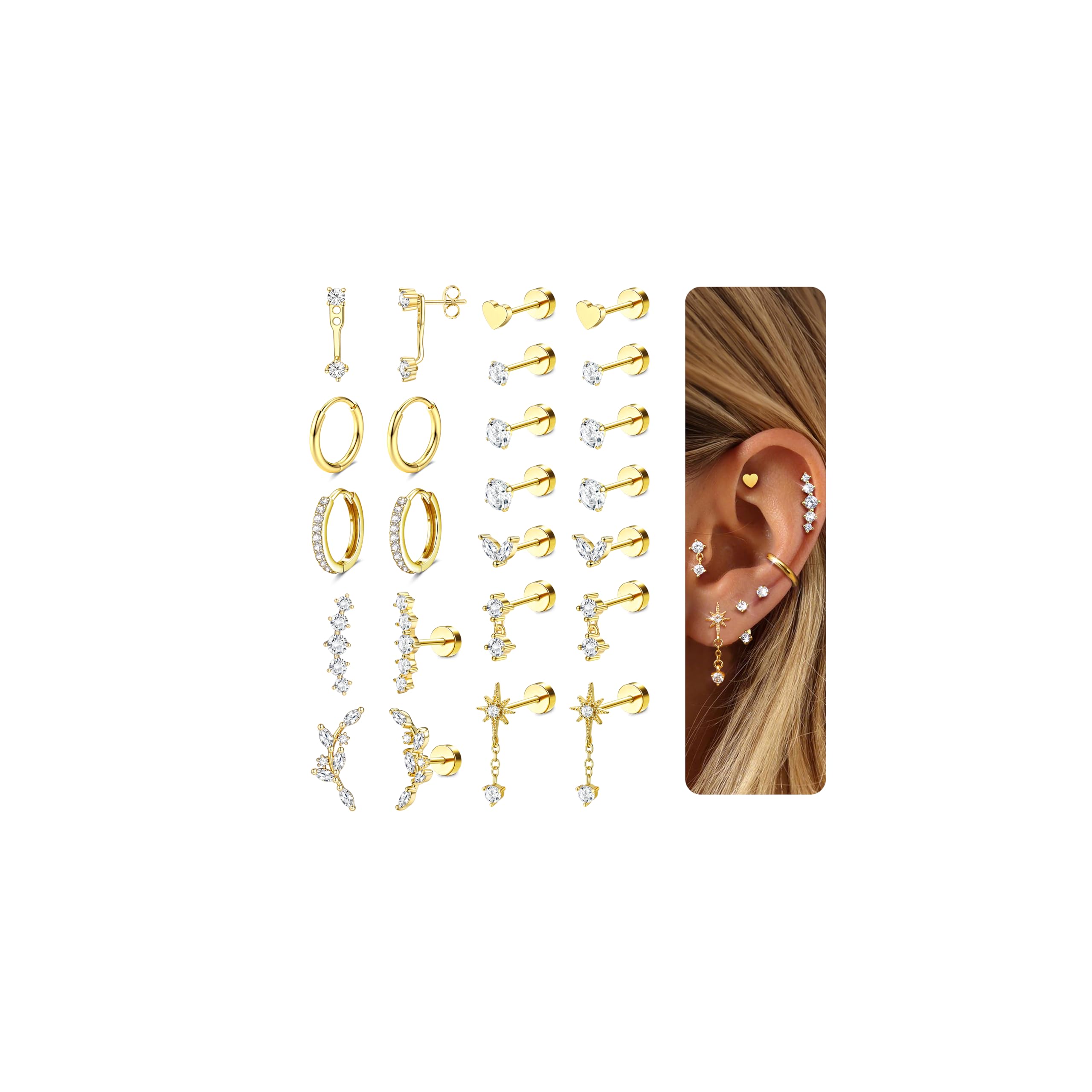 LOLIAS Hypoallergenic Flat Back Earrings-Cartilage Earring Stacks-Surgical Steel Earrings for Sensitive Ears - Small Stainless Steel Flatback Stud Hoop Earring Sets for Helix Tragus Conch Daith Multiple Piercing Jewelry Trendy