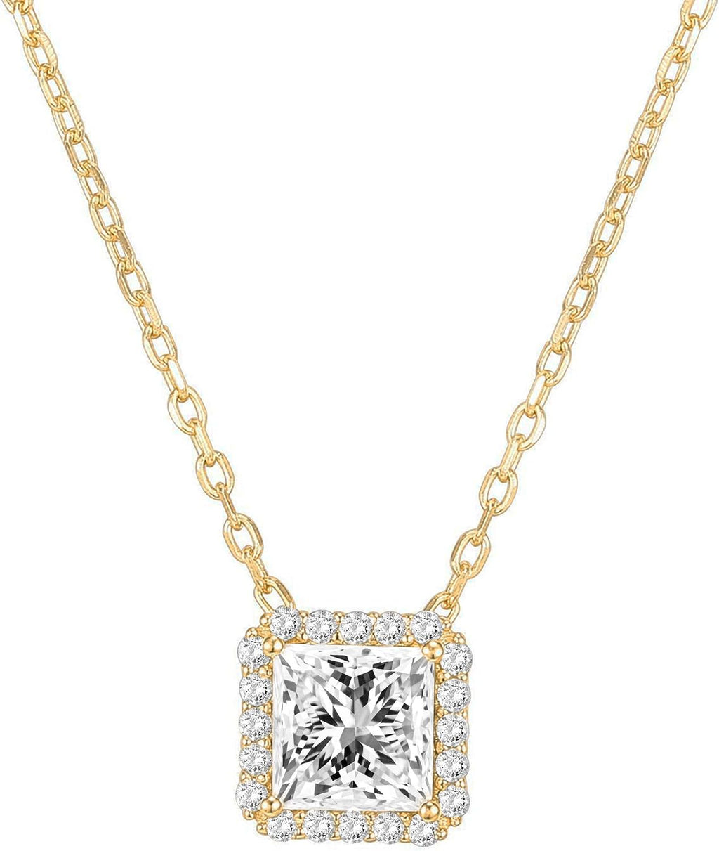 PAVOI 14K Gold Plated Post Faux Diamond Round Solitaire Pendant Halo Necklace | Gold Necklace for Women | Slider Adjustable