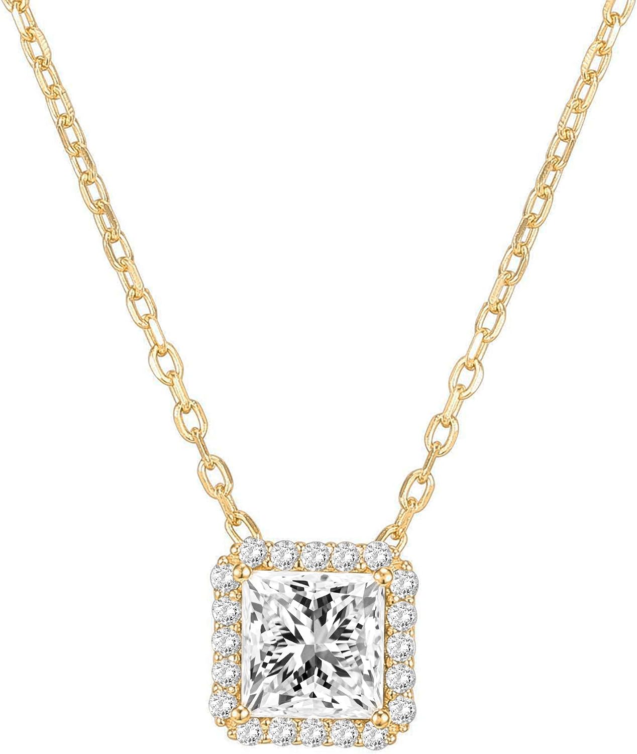 PAVOI 14K Gold Plated Post Faux Diamond Round Solitaire Pendant Halo Necklace | Gold Necklace for Women | Slider Adjustable