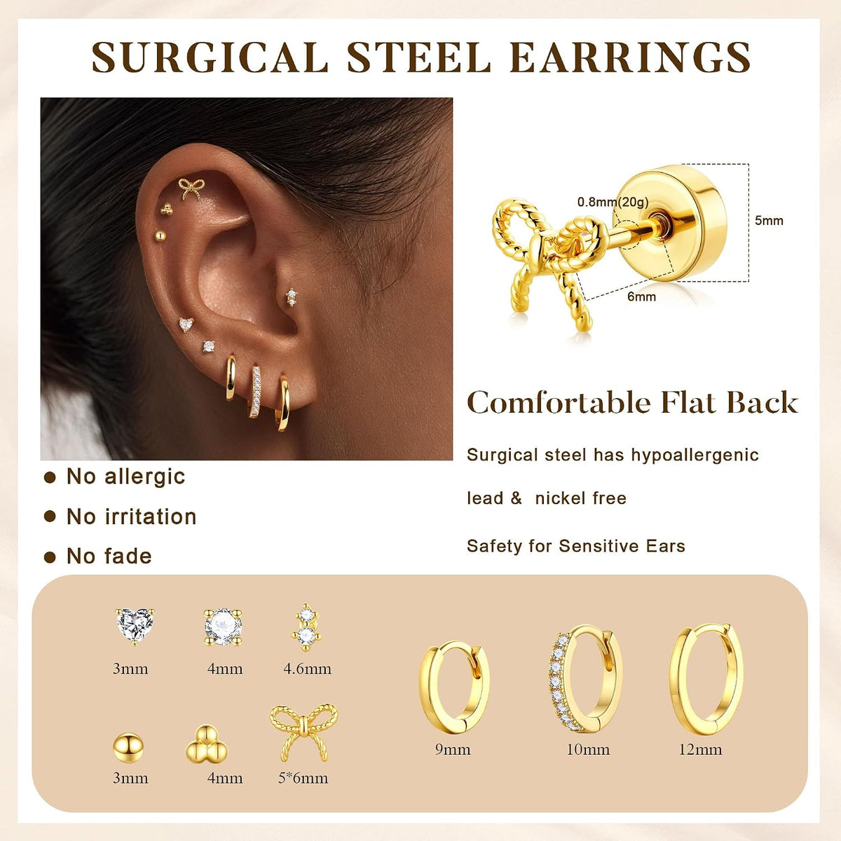 M MOOHAM 9 Pairs Flat Back Earring Stack Set for Women Teen Girls | Hypoallergenic Earrings, 14K Gold Plated Huggie Hoop Stud Earring, Small Cute Bow Cartilage Earrings, Trendy Jewelry Gifts