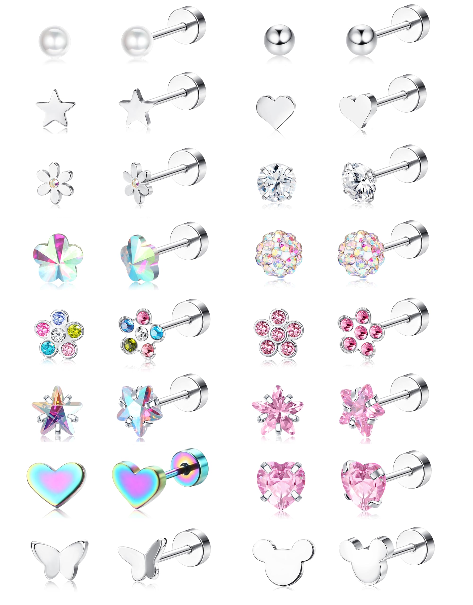 CASSIECA 16Pairs Hypoallergenic Flat Back Earrings for Girls Stud Earrings | Screwback Stud Earrings,FlatBack For Girls Kids Toddler Women,Surgical Steel,Cute Pearl Heart Flower Studs,Jewelry Gift