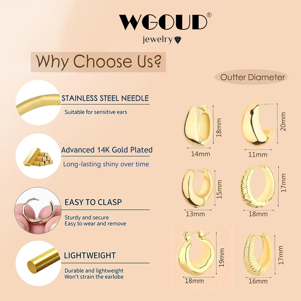 6 Pairs Chunky Gold Hoop Earrings for Women, 14K Gold Plated Hoop Earrings Hypoallergenic, Thick Lightweight Twisted Huggie Hoops Earring Set for Women’s Jewelry GIfts
